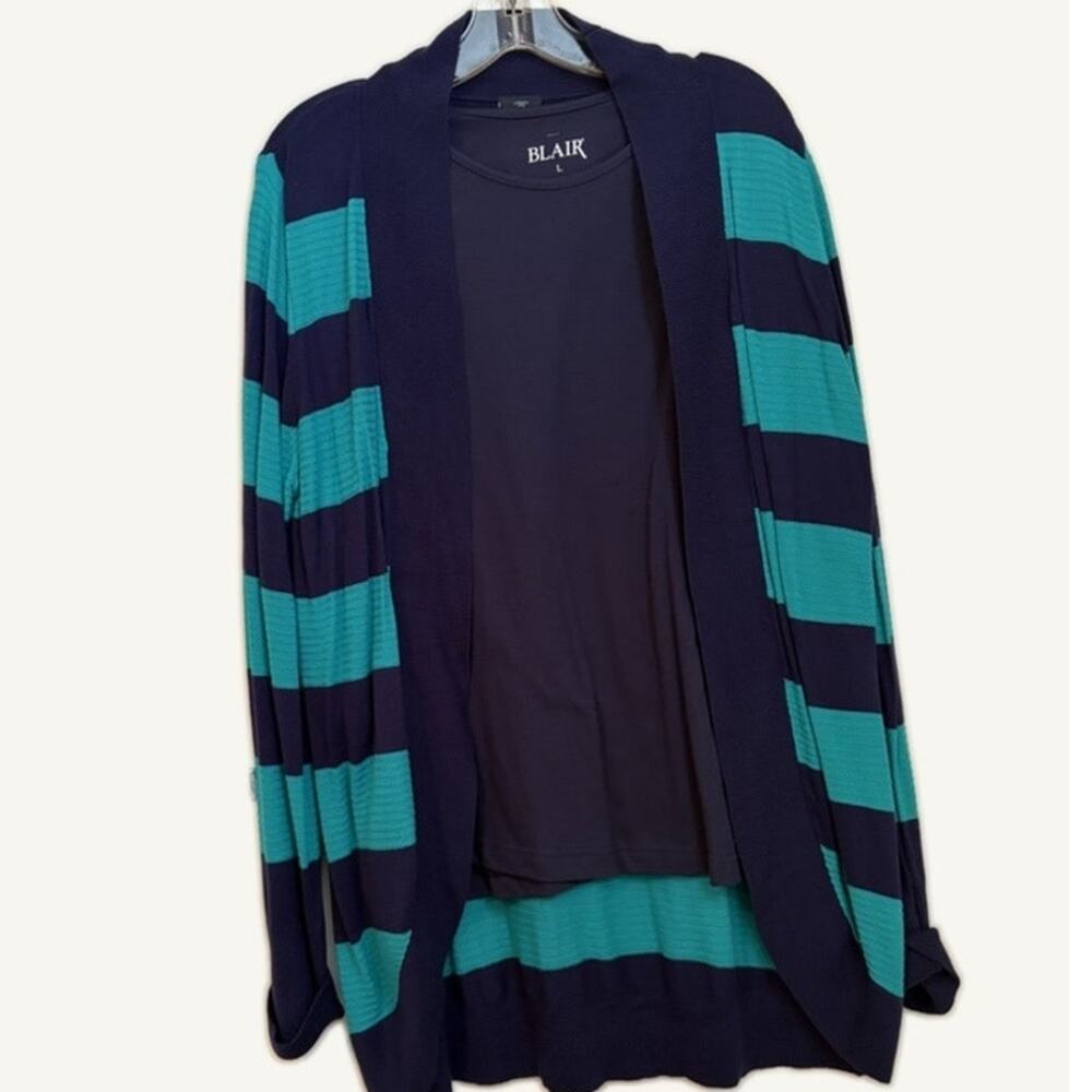 Blair Navy Long Sleeve Top & Faded Glory Striped Open Cardigan 2PC Set